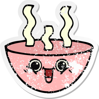 Bir insan tarafından çizilmiş sıcak çorba kasesinin hüzünlü çıkartması.