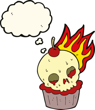 Bir insan tarafından çizilmiş düşünce baloncuklu Cadılar Bayramı pastası.