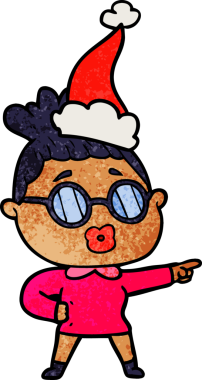 Bir insan tarafından çizilmiş, gözlüklü, Noel Baba şapkalı bir kadının el çizimi karikatürü.