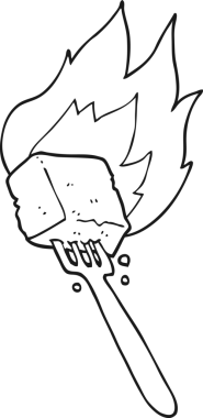 El yazısıyla çizilmiş siyah beyaz çizgi film çatalla çizilmiş alevli tofu bir insan tarafından