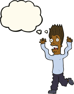 Bir insan tarafından çizilmiş düşünce baloncuğuyla dehşete düşmüş bir adam.