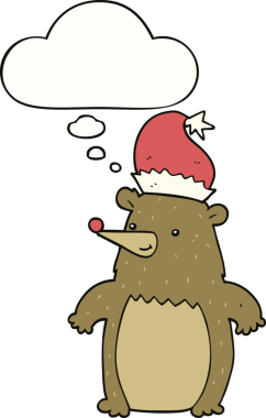 Bir insan tarafından çizilmiş düşünce balonlu Noel şapkası takan çizgi film ayısı.