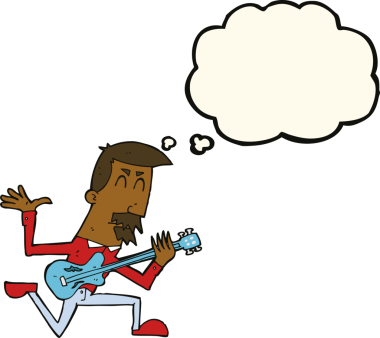 Bir insan tarafından çizilmiş düşünce baloncuğuyla elektro gitar çalan bir çizgi film adamı.