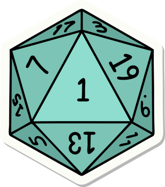Bir insan tarafından çizilmiş doğal 1 D20 zar etiketi.
