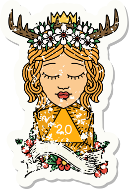 Bir insan tarafından çizilmiş doğal yirmi zarlı bir Druid 'in grunge çıkartması.