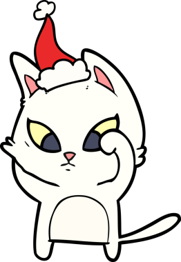 Bir insan tarafından çizilmiş Noel Baba şapkası takan bir kedinin çizimi.