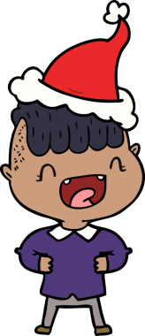 Bir insan tarafından çizilmiş Noel Baba şapkasıyla gülen mutlu bir çocuğun el çizimi.