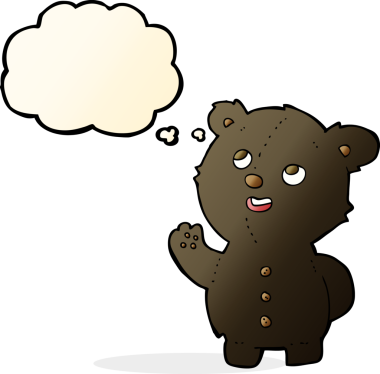 Bir insan tarafından çizilmiş düşünce baloncuğu olan sevimli siyah ayı yavrusu.