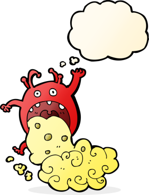 Bir insan tarafından çizilen düşünce baloncuğuyla hasta olan iğrenç bir canavar.