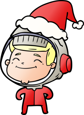 Noel Baba şapkası takan bir astronotun insan tarafından çizilmiş mutlu el çizimi karikatürü.