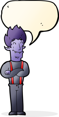 Bir insan tarafından çizilmiş konuşma balonlu mutlu vampir adam çizgi filmi.