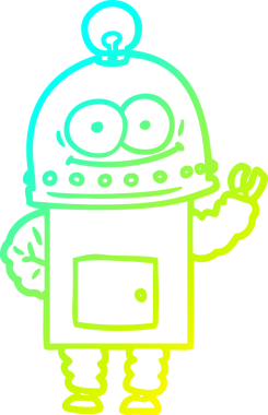 Bir insan tarafından çizilmiş ampullü mutlu bir robot çizimi.