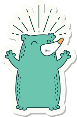 Bir insan tarafından çizilmiş dövme stili mutlu ayı çıkartması.