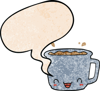 Bir insan tarafından çizilmiş eski moda konuşma baloncuklu bir kahve fincanı.