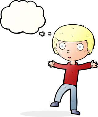 Bir insan tarafından çizilmiş düşünce baloncuğu ile ürkmüş bir çocuk.