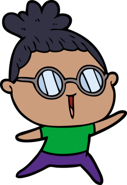 Bir insan tarafından çizilmiş gözlüklü bir karikatür kadın.