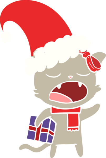 Bir insan tarafından çizilmiş noel hediyeli düz renkli çizgi film kedisi.