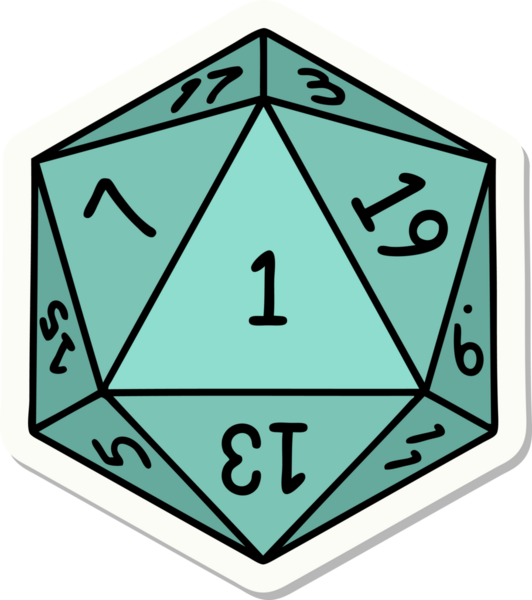 Bir insan tarafından çizilmiş doğal 1 D20 zar etiketi.