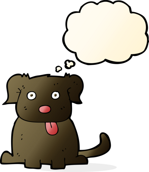 Bir insan tarafından çizilmiş düşünce baloncuklu çizgi film köpeği.