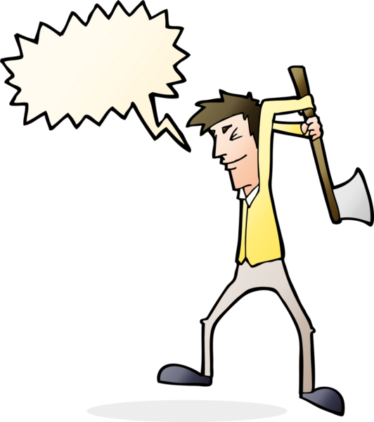 Bir insan tarafından çizilmiş konuşma balonuyla balta sallayan karikatür adamı.