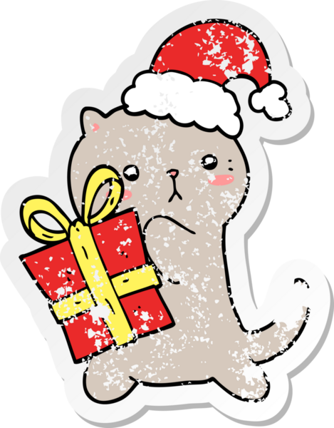 Bir insan tarafından çizilmiş noel hediyesini taşıyan sevimli bir çizgi film kedisinin sıkıntılı çıkartması.