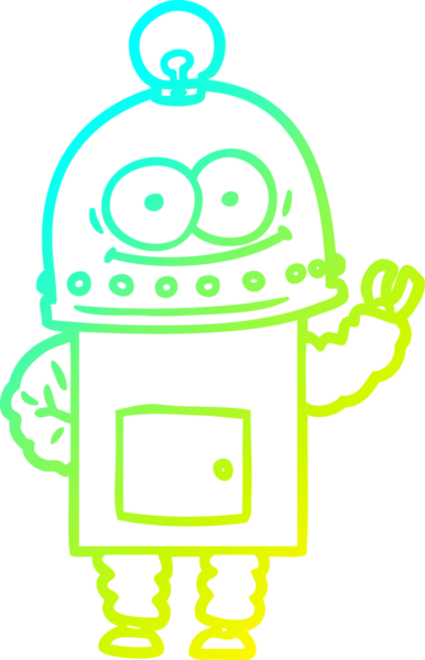 Bir insan tarafından çizilmiş ampullü mutlu bir robot çizimi.