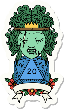 Bir insan tarafından çizilmiş doğal 20 zarlı yarı ork barbar bir karakterin çıkartması.