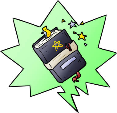 Bir insan tarafından çizilmiş, yumuşak eğimli konuşma baloncuğu ile çizgi film cadısının büyü kitabı