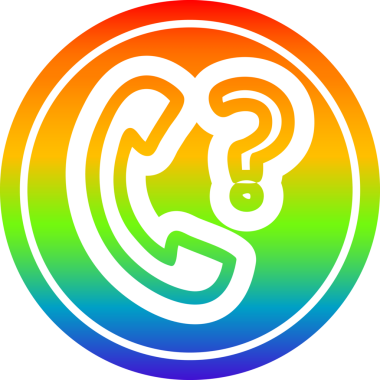 Bir insan tarafından çizilmiş gökkuşağı gradyan çizgili soru işareti simgesi olan telefon ahizesi