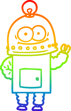 Gökkuşağı gradyan çizgisi mutlu bir karton robot çizimi ve bir insan tarafından çizilmiş ampul.