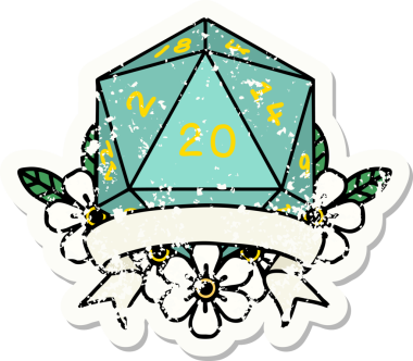 Bir insan tarafından çekilen 20 kritik vuruşluk D20 zar atımının grunge çıkartması.