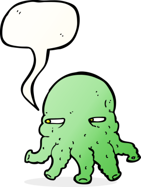 Bir insan tarafından çizilmiş konuşma baloncuklu uzaylı yüzü.