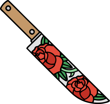 Geleneksel hançer şeklinde dövme ve bir insan tarafından çizilmiş çiçekler.