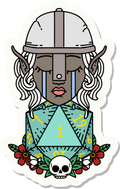 Hüzünlü bir elf savaşçı karakterinin çıkartması. Bir insan tarafından çizilmiş doğal bir d20 rulo.