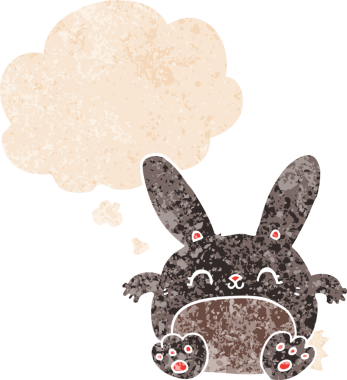 Düşünce baloncuklu çizgi film tavşanı grunge dertli eski moda bir insan tarafından çizilmiş.