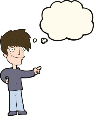 Bir insan tarafından çizilen düşünce baloncuğuyla işaret eden çizgi film adamı.