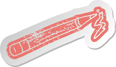 Bir insan tarafından çizilmiş renkli bir kalemin sıkıntılı eski çizgi film çıkartması.