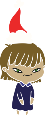 Bir insan tarafından çizilmiş Noel Baba şapkası takan bir kadının düz renkli çizimi.