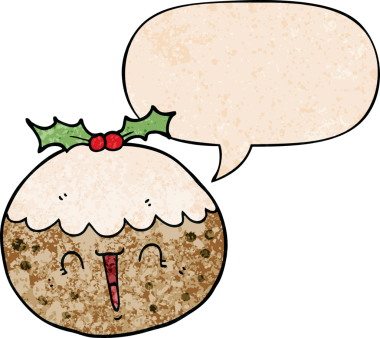 Bir insan tarafından çizilmiş eski moda konuşma baloncuklu tatlı çizgi film pudingi.