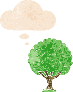 Düşünce baloncuğu ve grunge desenli karikatür ağacı bir insan tarafından çizilmiş.