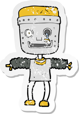 Bir insan tarafından çizilmiş karikatür robotunun gerilmiş yapıştırması.