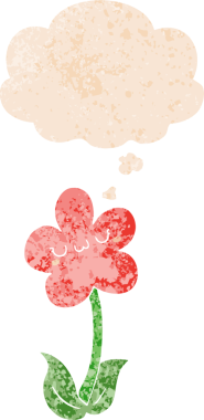 Düşünce baloncuğu ve grunge desenli karikatür çiçeği bir insan tarafından çizilmiş.