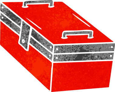 Metal bir alet kutusunun insan eliyle çizilmiş karikatür karikatürü.