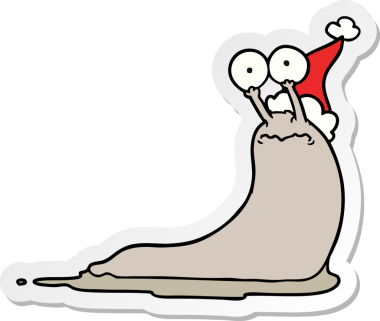 Bir insan tarafından çizilmiş Noel Baba şapkası giyen bir sümüklüböceğin el çizimi karikatürü.