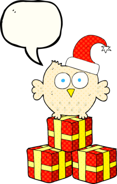 Bir insan tarafından çizilmiş noel şapkası takan küçük baykuş.