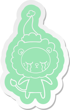 Bir insan tarafından çizilmiş Noel Baba şapkası giyen bir aslanın garip çizgi film çıkartması.