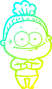 Bir insan tarafından çizilmiş, mutlu, yaşlı bir kadının çizimi.