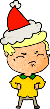 Bir insan tarafından çizilmiş Noel Baba şapkası giymiş rahatsız bir adamın el çizimi karikatürü.