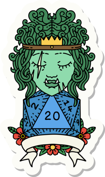 Bir insan tarafından çizilmiş doğal 20 zarlı yarı ork barbar bir karakterin çıkartması.