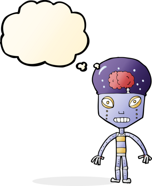 Bir insan tarafından çizilmiş düşünce baloncuklu garip robot.